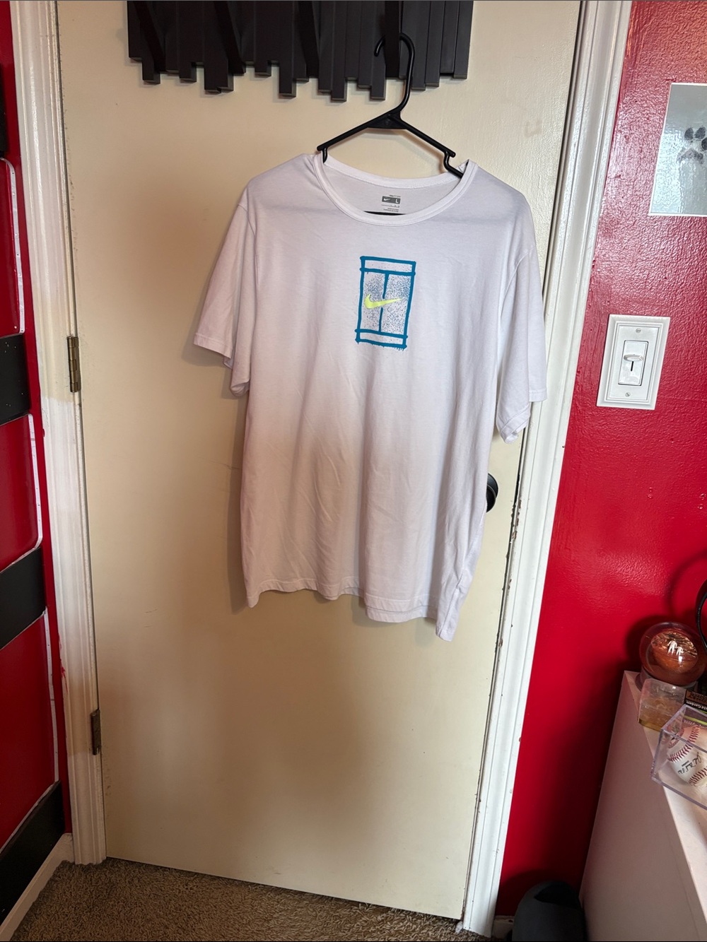 Nike White Short-Sleeve Tee with Blue Framed Logo and Yellow Swoosh
